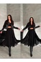 Black Chiffon Elastic Waist Zippered Midi Length Flared Skirt - 2