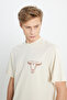100% Cotton Loose Fit Relaxed Fit Crew Neck Men's Ecru Back Printed T-Shirt - 4