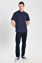Regular Fit Regular Cut Crew Neck 100% Cotton Navy Blue T-Shirt - 3
