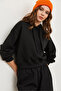 Women's Black Hooded Lace-Up Waffle Sweatshirt Swt-19000708 - 5