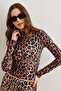 Women's Brown Half Fisherman Suede Textured Leopard Crop Blouse Blz- 19002792 - 5