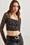 Women's Black Front Lined Crop Leopard Tulle Blouse Blz- 19002790 - 3