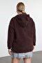 Kahverengi Kalın Polar Kapüşonlu ve Fermuarlı Oversize Örme Büyük Beden Sweatshirt TBBAW25AO00030 - 5