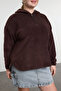 Kahverengi Kalın Polar Kapüşonlu ve Fermuarlı Oversize Örme Büyük Beden Sweatshirt TBBAW25AO00030 - 3