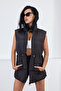 Women's Black Puffer Vest with Elastic Waist - 2