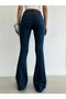 Dark Blue Flare Leg Denim Pants High Waist Flare Jeans Gathering - 3