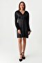 Women's V Neck Button Detail Balloon Sleeve Satin Dress - 5