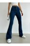 Dark Blue Flare Leg Denim Pants High Waist Flare Jeans Gathering - 2