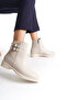 Low Heel Side Zipper and Double Buckle Detail Women's Beige Booties