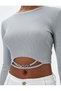 Long Sleeve T-Shirt Crop Crew Neck Metal Accessories - 5