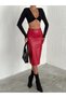 Women's Red Color Clothing Midi Slit Leather Pencil Skirt
