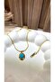 Gold Color Oval Blue Stone Steel Necklace - 2