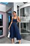 Navy Blue Strappy Denim Midi Dress - 6