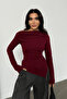 Women's Burgundy Draped Boat Neck Asymmetrical Lycra Knitted Blouse