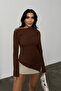 Women's Bitter Brown Draped Boat Neck Asymmetrical Lycra Knitted Blouse - 2