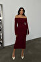 Women's Burgundy Carmen Collar Slit Detail Midi Length Basic Knitted Dress - 3