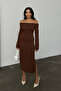 Women's Bitter Brown Carmen Collar Slit Detail Midi Length Basic Knitted Dress - 7