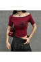 Burgundy Black Widow Off-the-Shoulder Spider Short Sleeve Crop - 4