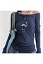 Navy Blue Crystal Eye Madonna Collar Harajuku Y2K Long Sleeve Crop - 4