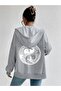 Round Double Dragon Printed Zippered Hooded Oversize Sweatshirt