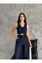 Women's Navy Blue Palazzo Pants Buttoned Short Cropped Vest Two-Piece Striped Set - 2