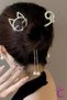 Cat Design Pearl and Rhinestone Spring-Loaded Hair Bun Clip Metal Gold - Dangling Hair Bun Clip - 3