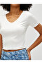 Crop T-Shirt V-Neck Short Sleeve Ribbed - 5