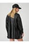 Faux Leather Shirt Jacket with Snaps and Slit Detail - 4