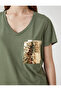 Sequin Embroidered T-Shirt Short Sleeve V Neck - 5