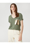 Sequin Embroidered T-Shirt Short Sleeve V Neck - 2