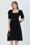 Flexible Crepe Fabric Short Sleeve Square Neck Midi Length Flared Cut Black Dress 080 - 5