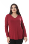 Women's Plus Size Burgundy V Neck Long Sleeve Lycra Blouse 65N38652