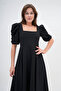 Stretchy Crepe Fabric Short Balloon Sleeves Square Neck Midi Length Black Evening Dress 080 - 6