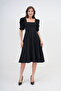 Stretchy Crepe Fabric Short Balloon Sleeves Square Neck Midi Length Black Evening Dress 080