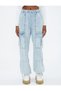 Denim Cargo Pants with Pocket Detail and Lace Waist - Baggy Jean - 4