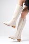 Briony Beige Color Side Zipper, Thin Faux Fur Lined Blunt Toe Women's Heeled Boots