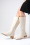 Briony Beige Color Side Zipper, Thin Faux Fur Lined Blunt Toe Women's Heeled Boots - 2