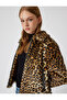 Faux Fur Jacket with Leopard Pattern, Zipper Pockets, Classic Collar