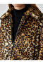 Faux Fur Jacket with Leopard Pattern, Zipper Pockets, Classic Collar - 5