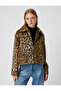 Faux Fur Jacket with Leopard Pattern, Zipper Pockets, Classic Collar - 3