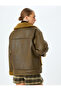 Oversize Faux Leather Jacket with Plush Collar Detail and Pockets - 4