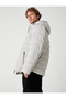 Zippered Pocket Detailed Slogan Printed Hooded Puffer Jacket