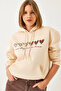 Women's Beige Three Threaded Colorful Heart Printed Hooded Sweatshirt Mbhs025 60601025