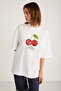 Odalys Women's 100% Organic Cotton Oversize Fit Loose Cut Cherry Printed Crew Neck White T-Shirt - 2