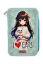 XL Jumbo Model Cat Girl Pencil Case Organizer Pencil Box 3 Compartment Pen Holder Green - 3