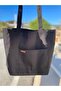 Black Raw Fabric Tote Tote Shoulder Bag with Pocket Detail - 3