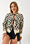Women's Beige Leopard Patterned Knitwear Cardigan 60261086 - 4