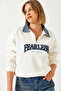 Women's Ecru Zippered Denim Detailed Three-Thread Ribbed Sweatshirt 60261084