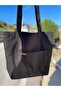 Black Raw Fabric Tote Tote Shoulder Bag with Pocket Detail - 6