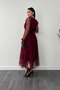 Tulle Fabric Wrap Neckline Dress with Stone Belt Detail - BURGUNDY - 5